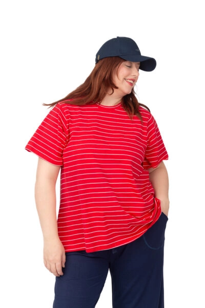 Hannah Round Neck Basic T-Shirt Red/White Stripe