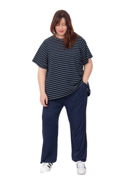 Hannah Round Neck Basic T-Shirt Navy/White Stripe