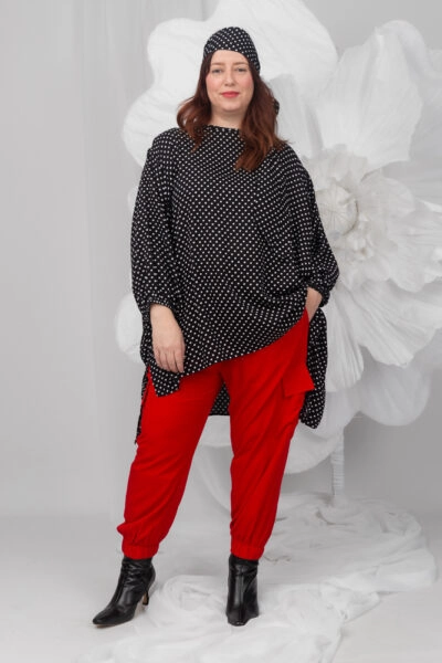 Harrison L/S Elastic Sleeve Round Neck Black/White Spot